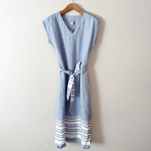 Chico’s Size 1 Sleeveless Stripe Hem Linen Tie Belt Midi Dress women’s size 8 - Picture 2 of 11